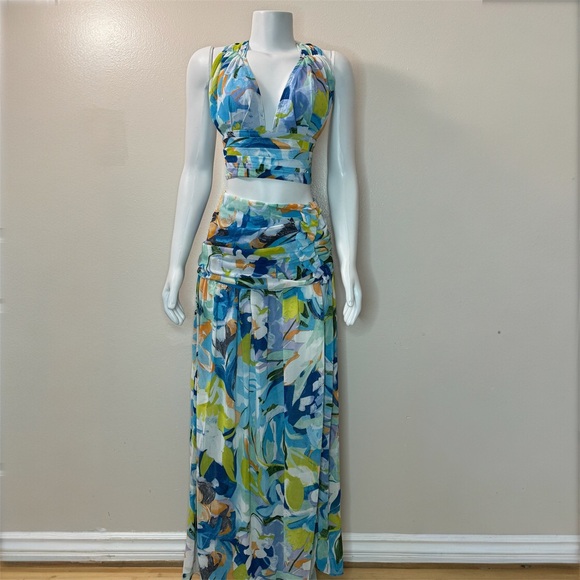 Luxxel Dresses & Skirts - Blue multi color maxi skirt with high slit and halter neck crop top set